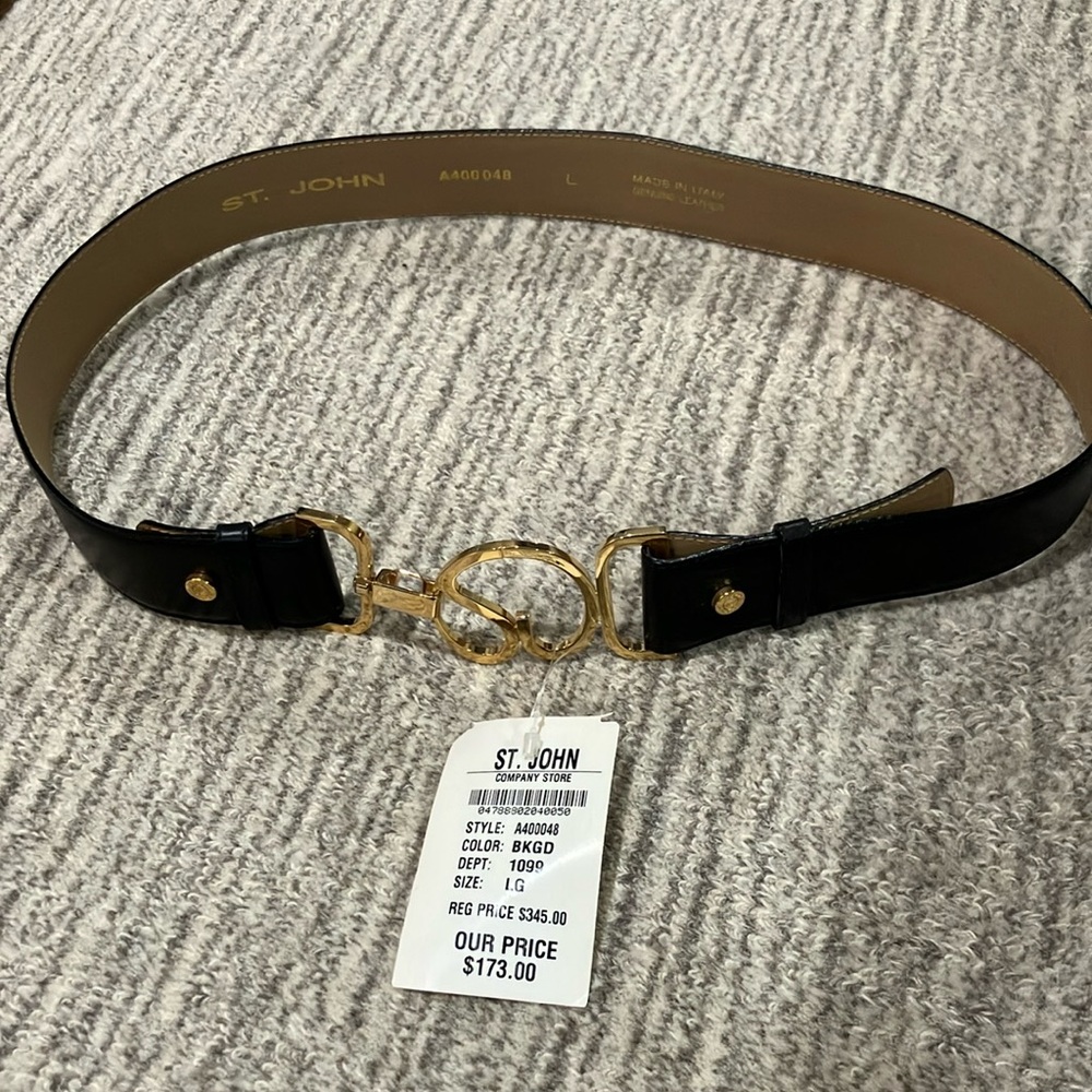 St. John Black and Gold Leather Belt with Gold Buckle